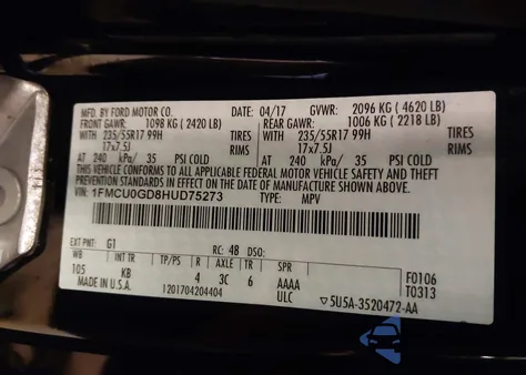 2017 Ford Escape Se from USA, damaged, VIN 1FMCU0GD8HUD75273